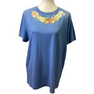 Hand Printed Upcycled Womens Large Daffodil Rose Flower Short Sleeve Tee Shirt